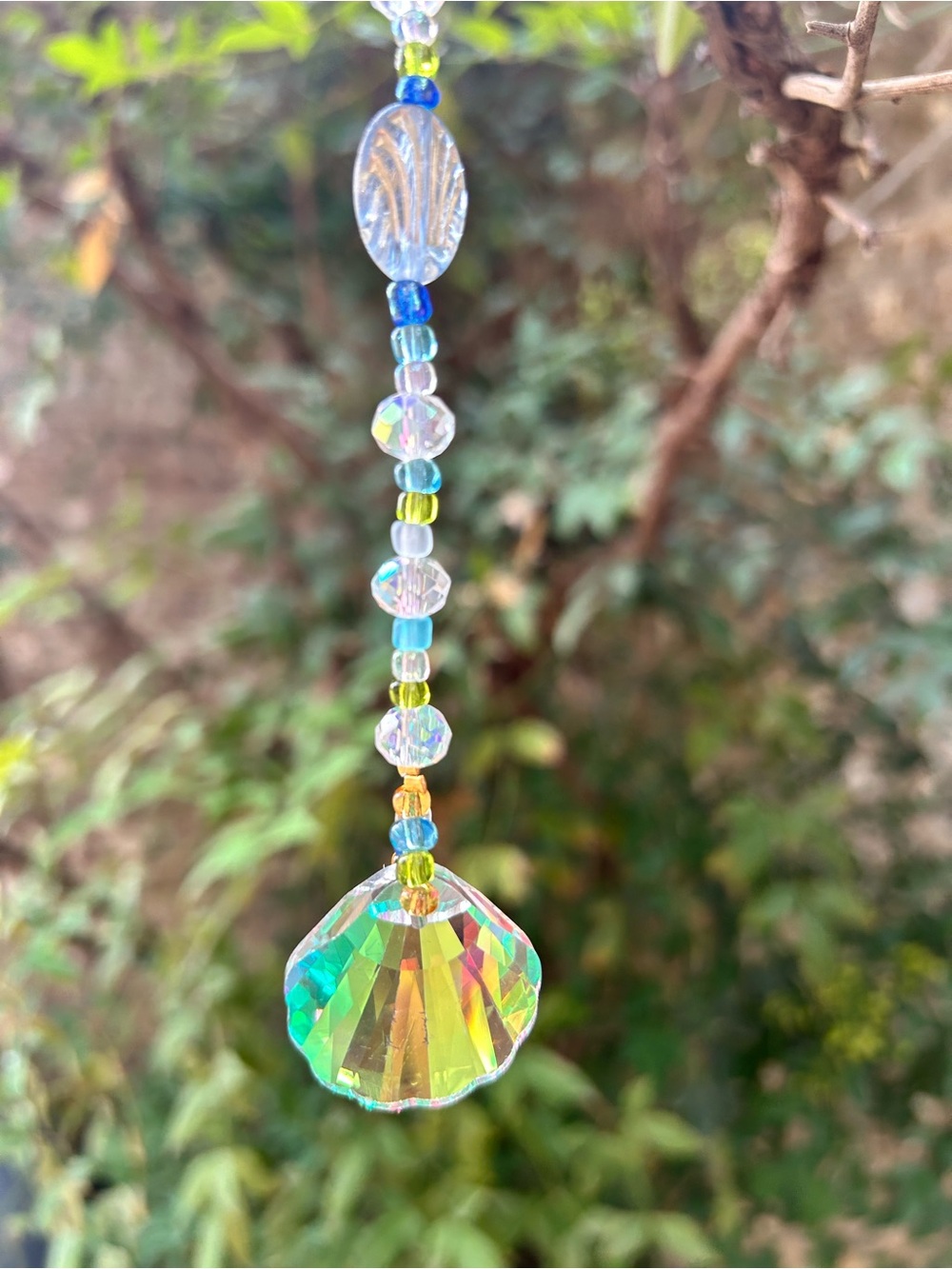9.75” blue + greens shell prism crystal beaded small suncatcher sun charm decor